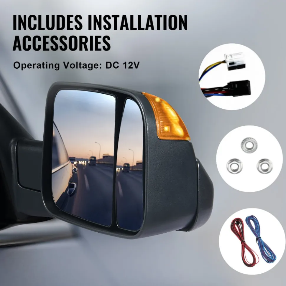 VEVOR Towing Mirrors, for 2009-2018 Dodge Ram 1500, 2010-2018 Ram 2500 3500, 2019-2023 Ram 1500 Classic Model, Power Heated with Signal Light & Puddle Light, Manual Controlling Flipping Folding, Black