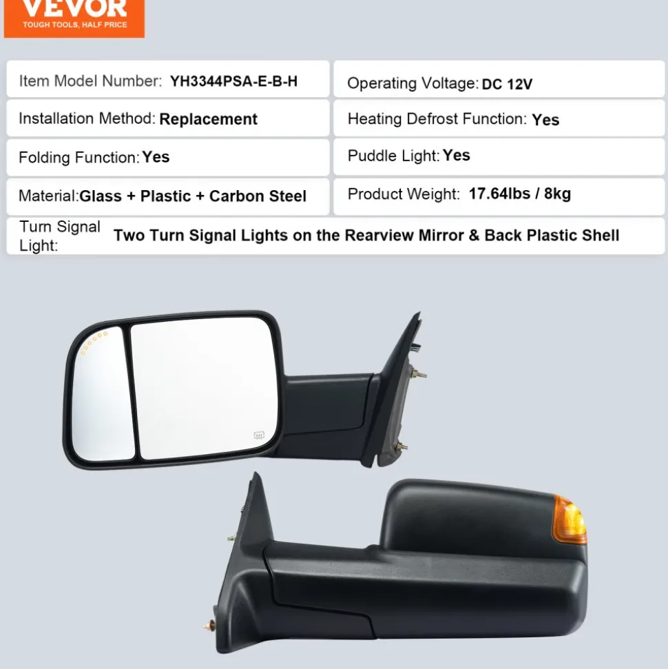 VEVOR Towing Mirrors, for 2009-2018 Dodge Ram 1500, 2010-2018 Ram 2500 3500, 2019-2023 Ram 1500 Classic Model, Power Heated with Signal Light & Puddle Light, Manual Controlling Flipping Folding, Black