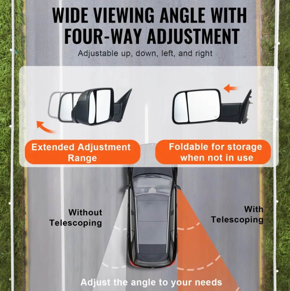 VEVOR Towing Mirrors, for 2009-2018 Dodge Ram 1500, 2010-2018 Ram 2500 3500, 2019-2023 Ram 1500 Classic Model, Power Heated with Signal Light & Puddle Light, Manual Controlling Flipping Folding, Black