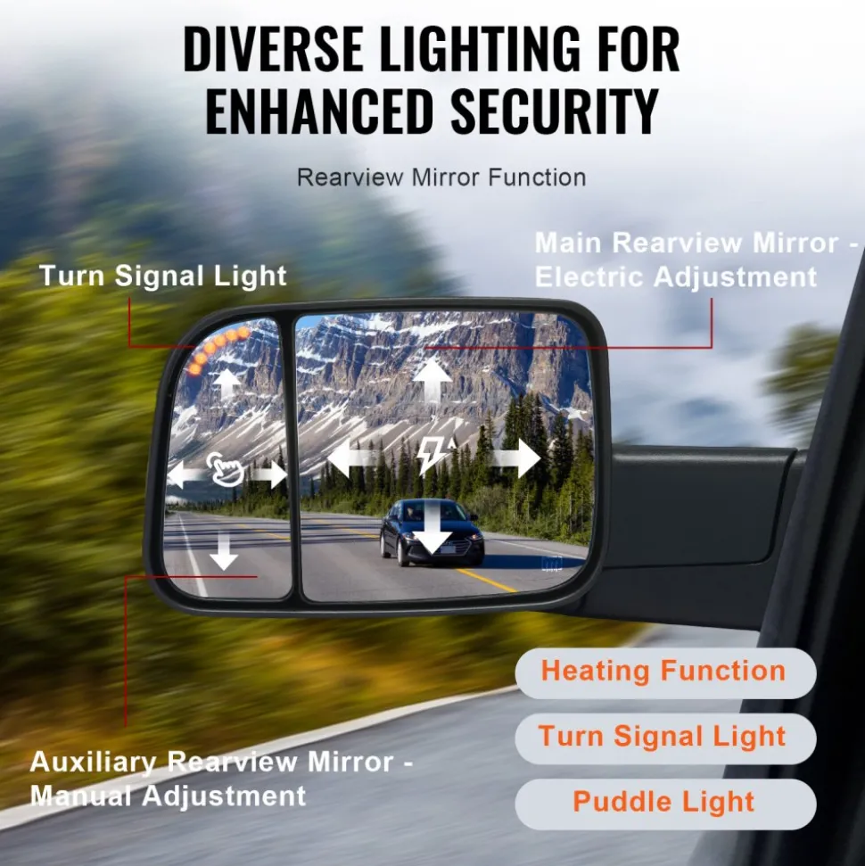 VEVOR Towing Mirrors, for 2009-2018 Dodge Ram 1500, 2010-2018 Ram 2500 3500, 2019-2023 Ram 1500 Classic Model, Power Heated with Signal Light & Puddle Light, Manual Controlling Flipping Folding, Black