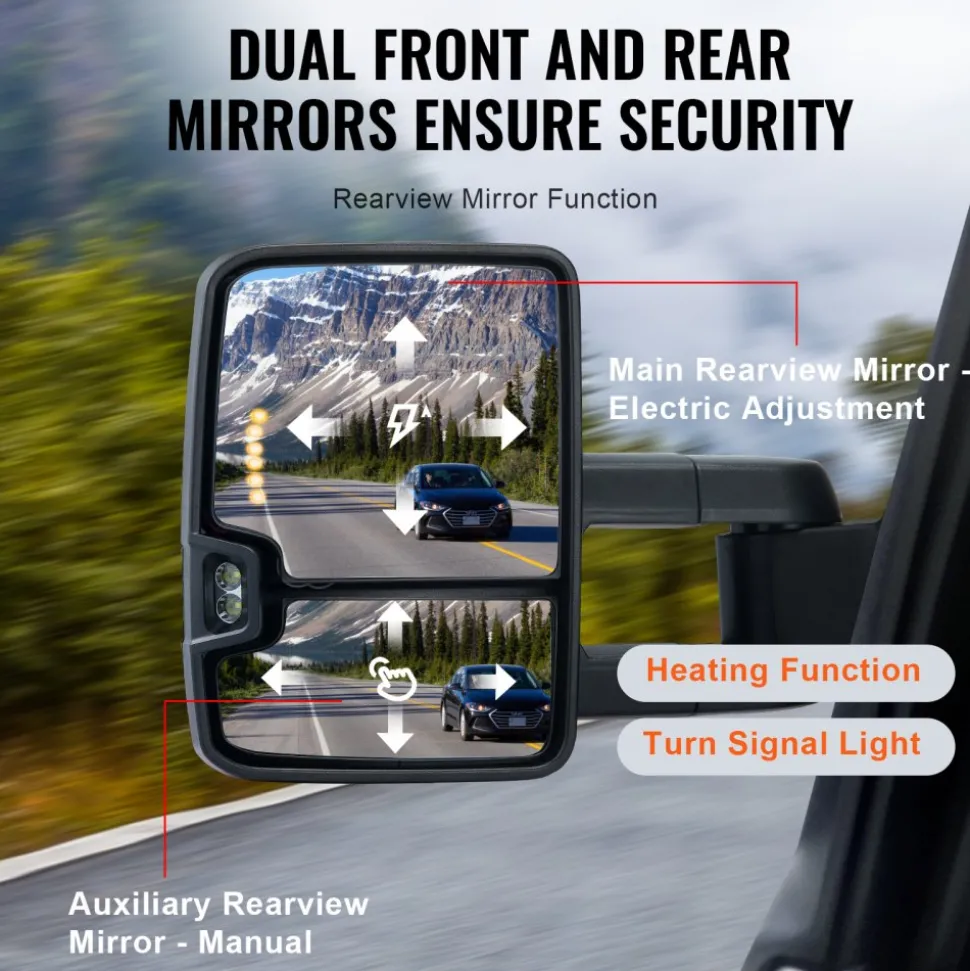 VEVOR Towing Mirrors, Left & Right Pair Set for Chevrolet Silverado (2003-2007)/GMC/Cadillac, Power Heated Tow Mirror with Signal Light, Manual Controlling Telescoping Folding, Heating Defrost, Silver