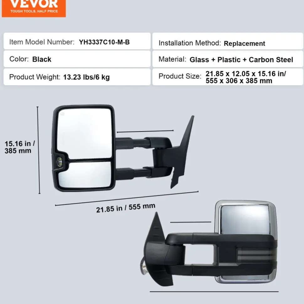 VEVOR Towing Mirrors, Left & Right Pair Set for Chevrolet Silverado (2003-2007)/GMC/Cadillac, Power Heated Tow Mirror with Signal Light, Manual Controlling Telescoping Folding, Heating Defrost, Silver