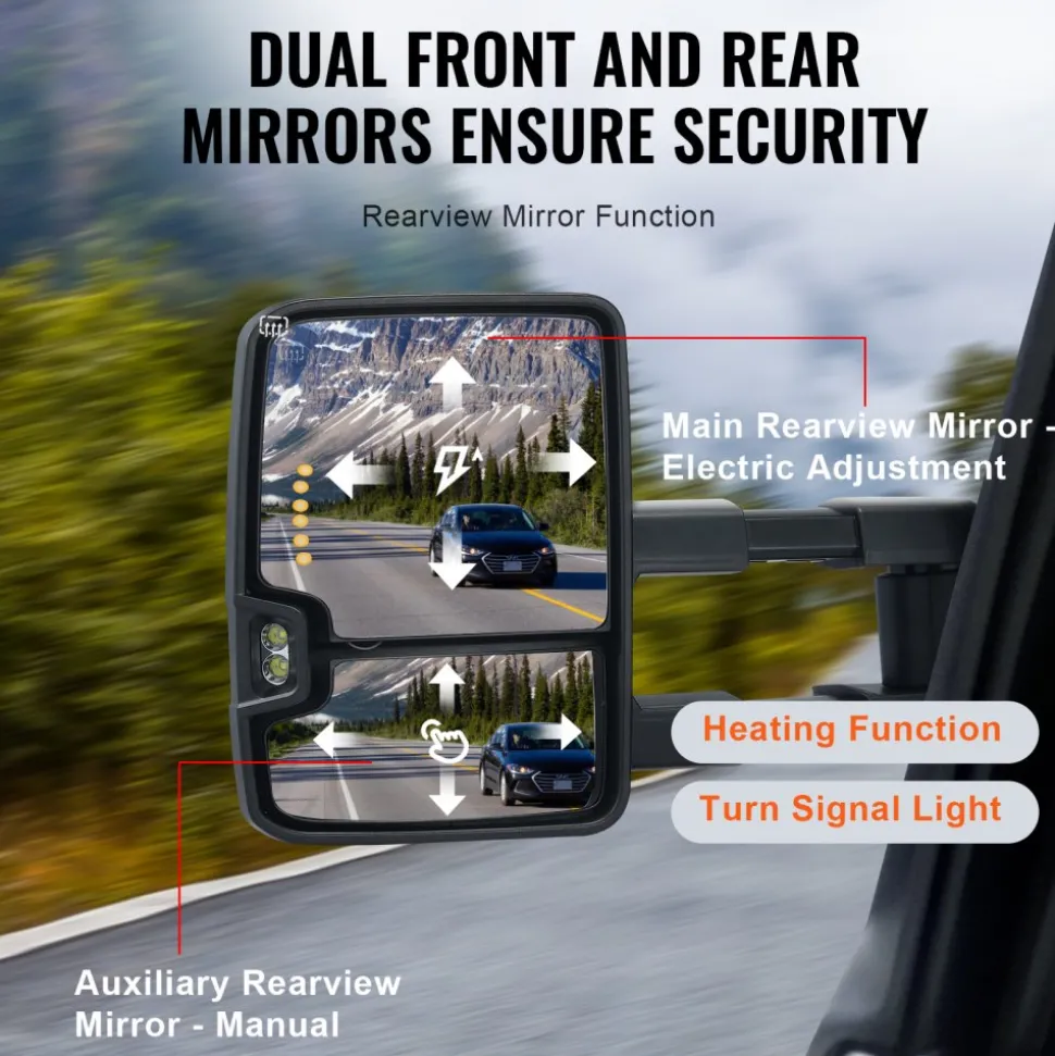 VEVOR Towing Mirrors, Left & Right Pair Set for Chevrolet Silverado (2003-2007)/GMC/Cadillac, Power Heated with Signal Light & LED Driving Light, Manual Telescoping Folding, and Heating Defrost, Black