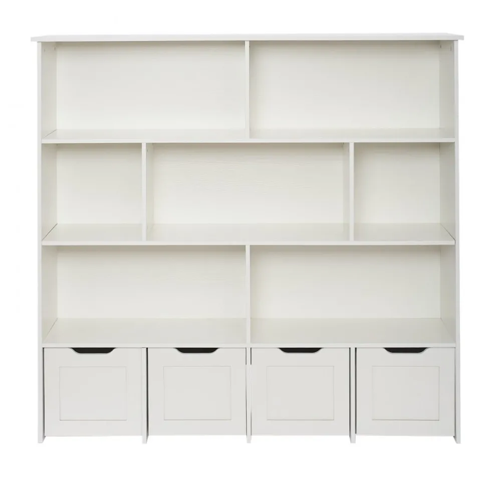 VEVOR Toy Storage Organizer, Wooden Kids Bookshelf with Storage, Toy Storage Cabinet with 4 Mobile Drawers, Kids Storage Organizer for Bedroom, Nursery, Living Room, Entryway, Preschool, White