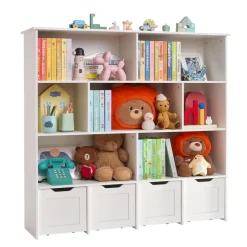 VEVOR Toy Storage Organizer, Wooden Kids Bookshelf with Storage, Toy Storage Cabinet with 4 Mobile Drawers, Kids Storage Organizer for Bedroom, Nursery, Living Room, Entryway, Preschool, White