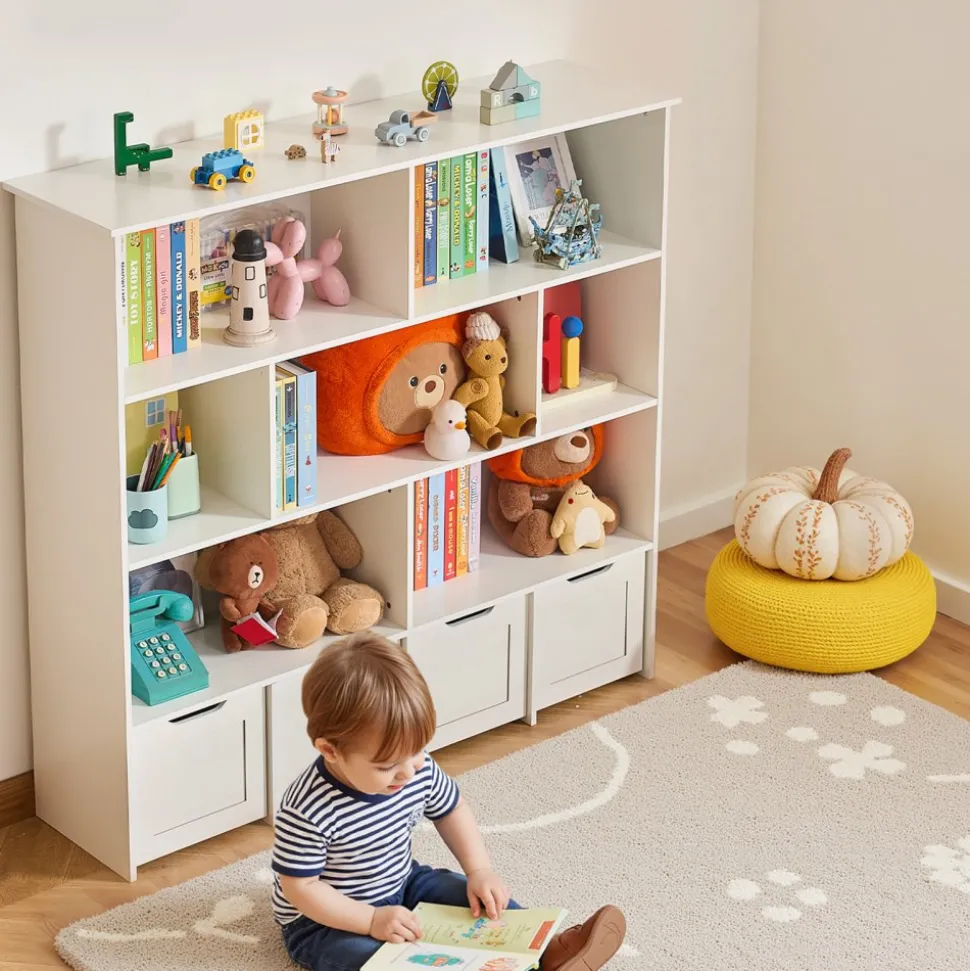 VEVOR Toy Storage Organizer, Wooden Kids Bookshelf with Storage, Toy Storage Cabinet with 4 Mobile Drawers, Kids Storage Organizer for Bedroom, Nursery, Living Room, Entryway, Preschool, White