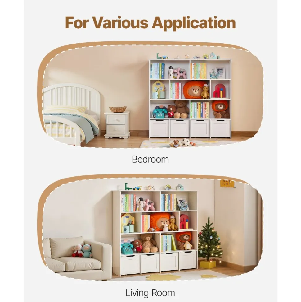 VEVOR Toy Storage Organizer, Wooden Kids Bookshelf with Storage, Toy Storage Cabinet with 4 Mobile Drawers, Kids Storage Organizer for Bedroom, Nursery, Living Room, Entryway, Preschool, White