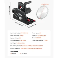 VEVOR Track Saw, 6-1/2-Inch, Plunge-Cut Circular Saw Kit, Tracksaw with 48-Tooth Carbide-Tipped Blade, 0-45° Angle Adjustment, 2.16 in Cutting Depth, for Wood, Plastic, Guide Rail Not Included, Black