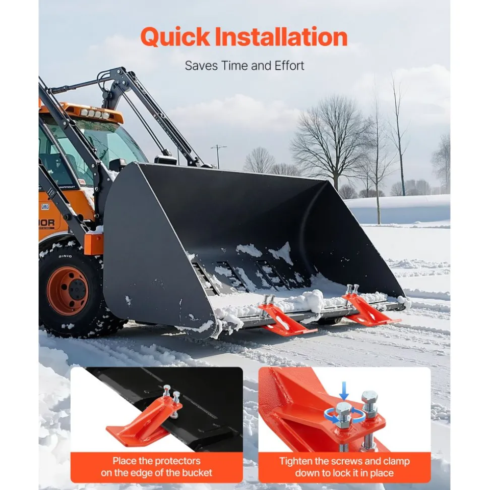 VEVOR Tractor Bucket Protector, 2PCS Heavy Duty Steel Bucket Edge Protectors, Edge Tamer Anti-Skid Device with Double Hexagon Lock Nuts and Bolts, for Snow, Leave Removal & Spreading Gravel (Orange)