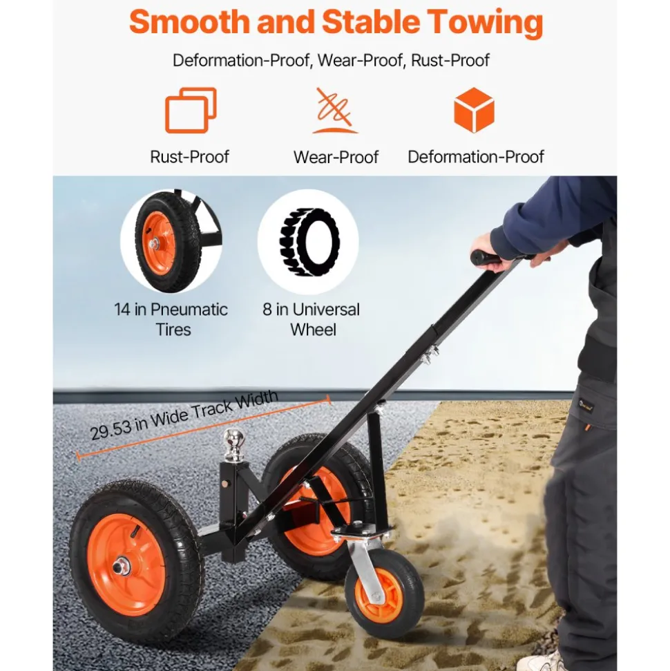 VEVOR Trailer Dolly, 1000lbs Tongue Weight Capacity, Carbon Steel Trailer Mover with 2 inch Ball, 14 inch Pneumatic Tires, Portable Tow Dolly for Moving RV Trailer