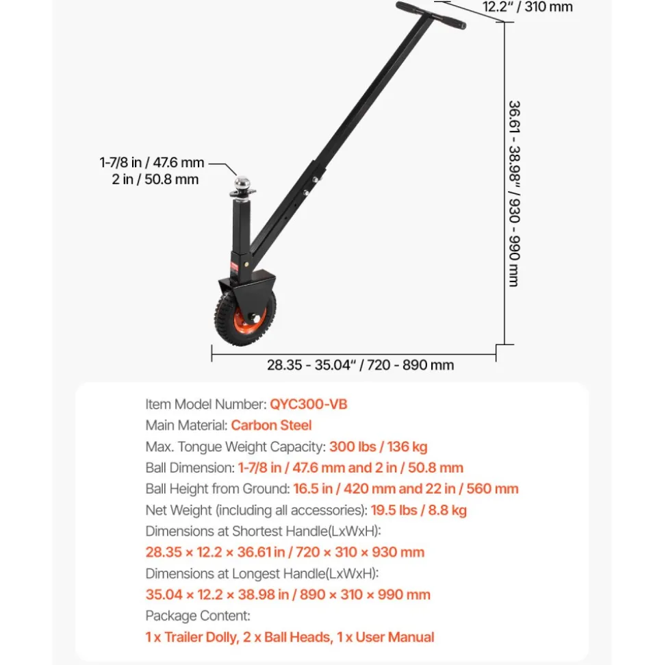 VEVOR Trailer Dolly, 300lbs Tongue Weight Capacity, 16.5 inch and 22 inch Height Adjustable Trailer Dolly, with 1-7/8 inch and 2 inch Balls, 8.5 inch Pneumatic Rubber Tire, for Moving RV Trailer