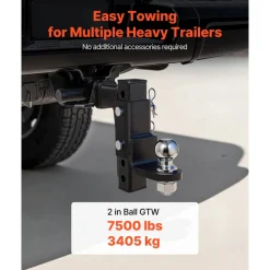 VEVOR Trailer Hitch Ball Mount, Fit 2-Inch Receiver, Adjustable Trailer Hitch with 2 Inch Ball & Pin, 7500 lbs GTW, 9.5 Inch Drop, Towing Ball Mounts for RVs, Off-Road Vehicles and Trucks, Black