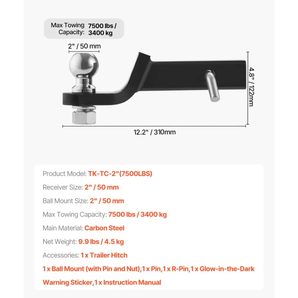VEVOR Trailer Hitch, Fits 2 Inches Receiver, Trailer Hitch Ball Mount with 2 Inches Ball and Pin, 7500 lbs Capacity Ball Hitch, 2 Inches Drop, Tow Hitch for Heavy Duty Truck with Carbon Steel, Black