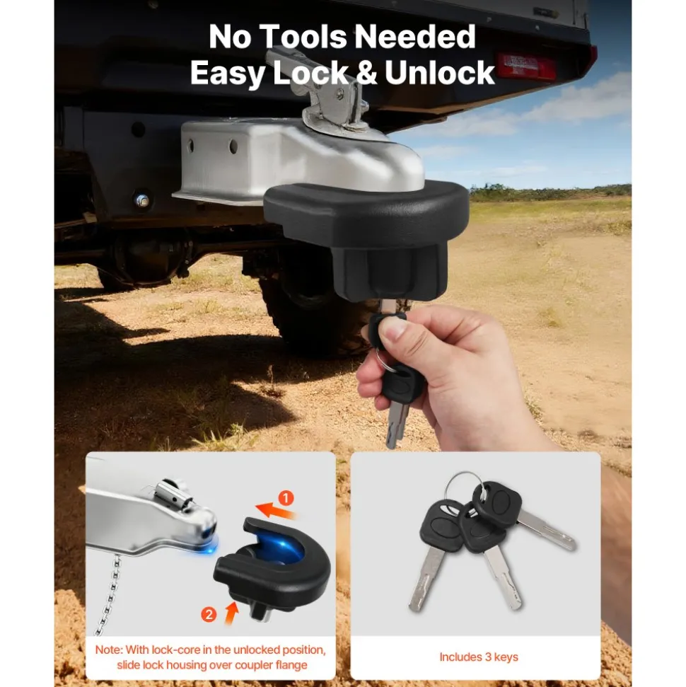 VEVOR Trailer Hitch Lock, Compatible with 2 Inch Couplers, Heavy-Duty Anti-Theft Trailer Ball Lock with 3 Keys, Prying-Resistant & Impact-Resistant, Fits for RVs, Boats, Off-Road Vehicles, Trailers