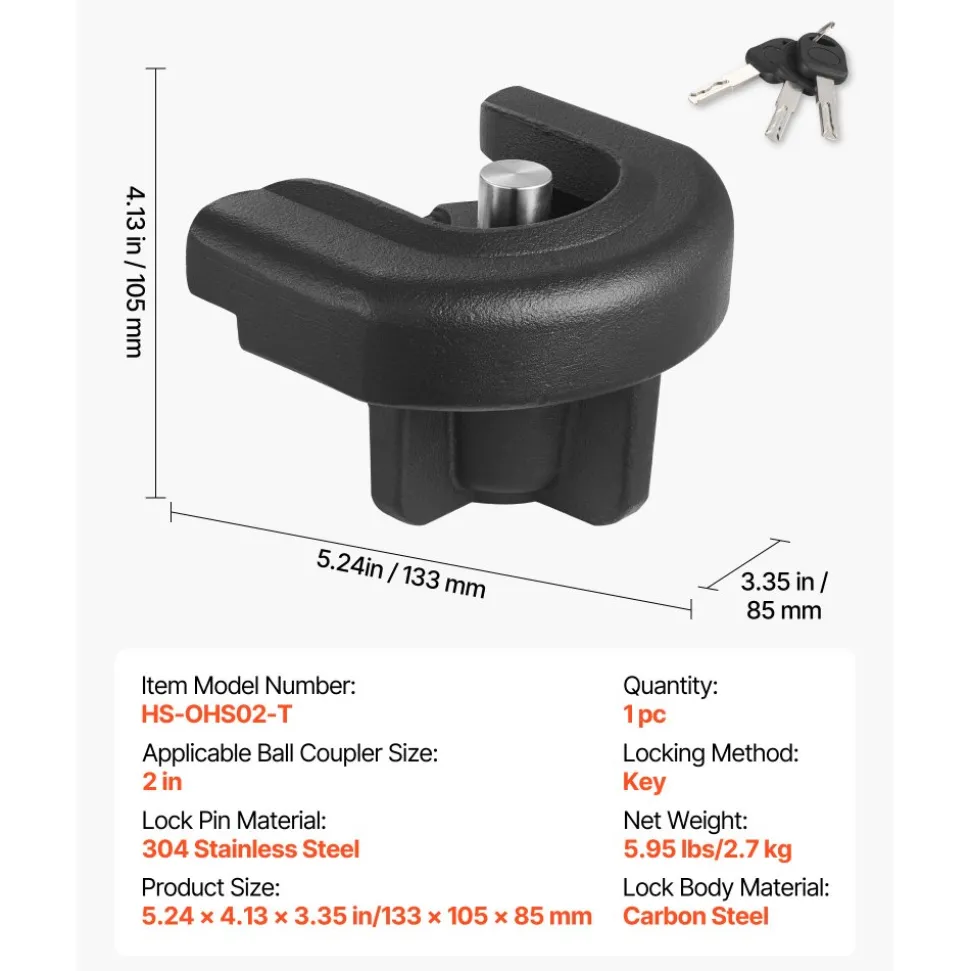 VEVOR Trailer Hitch Lock, Compatible with 2 Inch Couplers, Heavy-Duty Anti-Theft Trailer Ball Lock with 3 Keys, Prying-Resistant & Impact-Resistant, Fits for RVs, Boats, Off-Road Vehicles, Trailers
