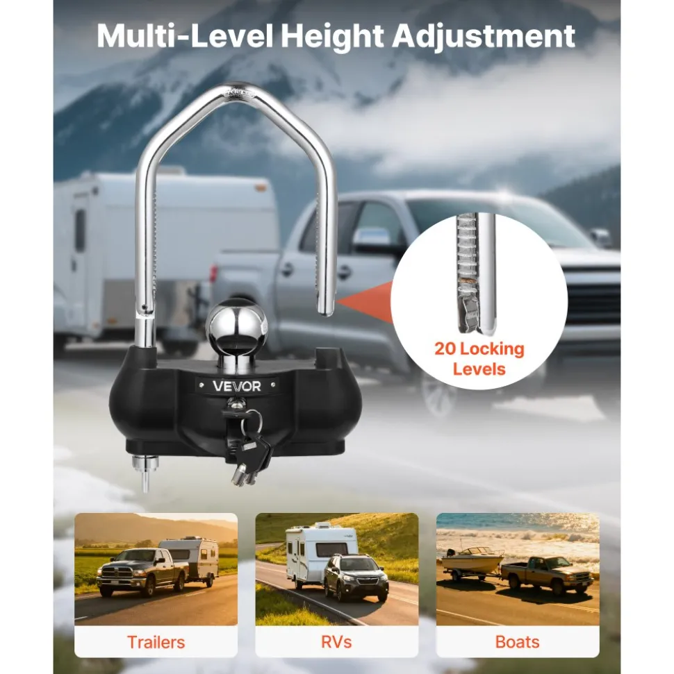 VEVOR Trailer Hitch Lock, Fits for 1-7/8 in, 2 in, 2-5/16 in Couplers, Heavy-Duty Anti-Theft Trailer Ball Lock with 3 Keys, Prying-Resistant, Adjustable Height Design for RVs, Boats, Trailers, Black
