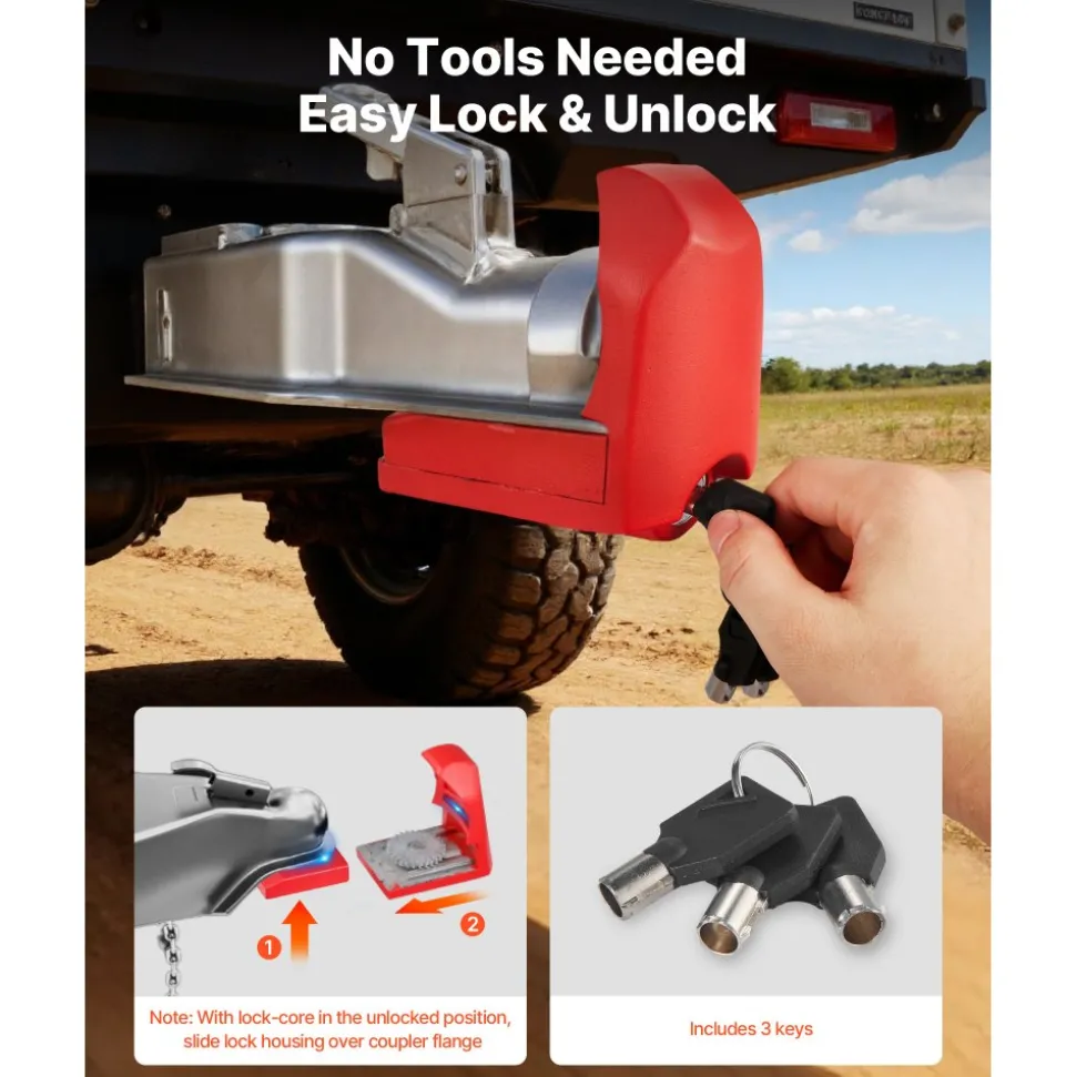 VEVOR Trailer Hitch Lock, Fits for 1-7/8 in, 2 in, 2-5/16 in Couplers, Heavy-Duty Anti-Theft Trailer Ball Lock with 3 Keys, Prying-Resistant & Impact-Resistant, Fits for RVs, Boats, Trailers, Red