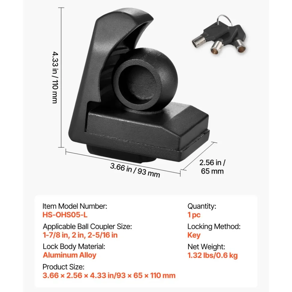 VEVOR Trailer Hitch Lock, Fits for 1-7/8 in, 2 in, 2-5/16 in Couplers, Heavy-Duty Anti-Theft Trailer Ball Lock with 3 Keys, Prying-Resistant & Impact-Resistant, Fits for RVs, Boats, Trailers, Black