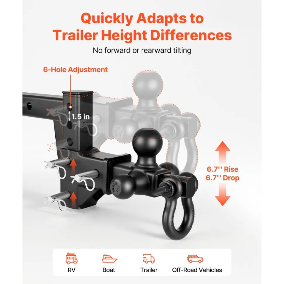 VEVOR Trailer Hitch Tri Ball Mount with D Shackle, Fit 2 Inch Receiver, 1-7/8 Inch, 2 Inch and 2-5/16 Inch Balls, 10000 lbs GTW, 6 Inch Drop, Towing Hitch for RVs, Off-Road Vehicles and Trucks