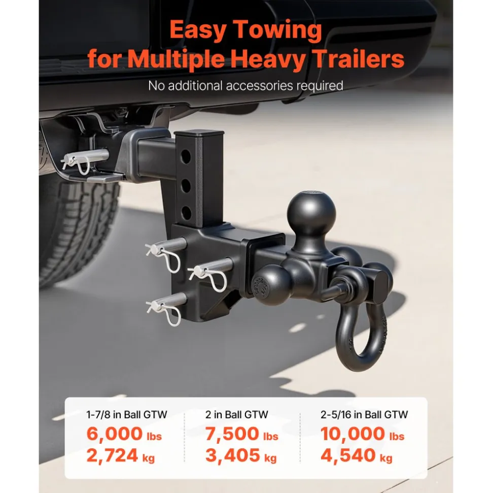 VEVOR Trailer Hitch Tri Ball Mount with D Shackle, Fit 2 Inch Receiver, 1-7/8 Inch, 2 Inch and 2-5/16 Inch Balls, 10000 lbs GTW, 6 Inch Drop, Towing Hitch for RVs, Off-Road Vehicles and Trucks