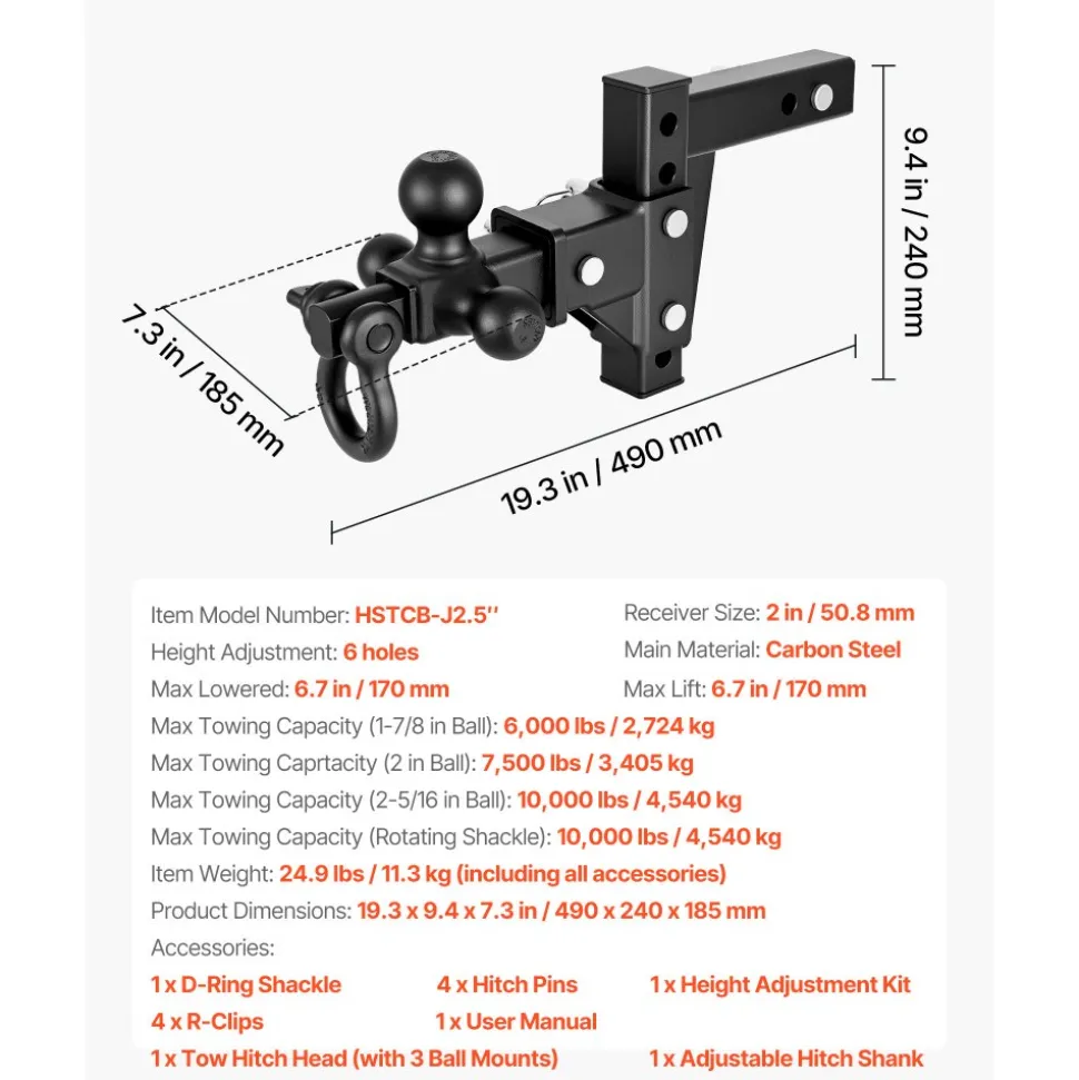 VEVOR Trailer Hitch Tri Ball Mount with D Shackle, Fit 2 Inch Receiver, 1-7/8 Inch, 2 Inch and 2-5/16 Inch Balls, 10000 lbs GTW, 6 Inch Drop, Towing Hitch for RVs, Off-Road Vehicles and Trucks
