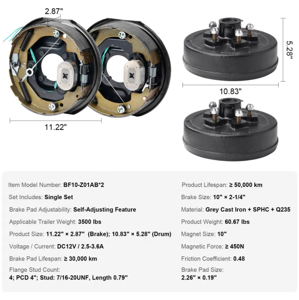 VEVOR Trailer Hub Drum Kits 5 on 4.5" B.C. with 10" x 2-1/4" Electric Brakes, Self-Adjusting Trailer Brake Assembly for 3500 lbs Axle, 4-Hole Mounting, Backing Plates for Brake System Part Replacement
