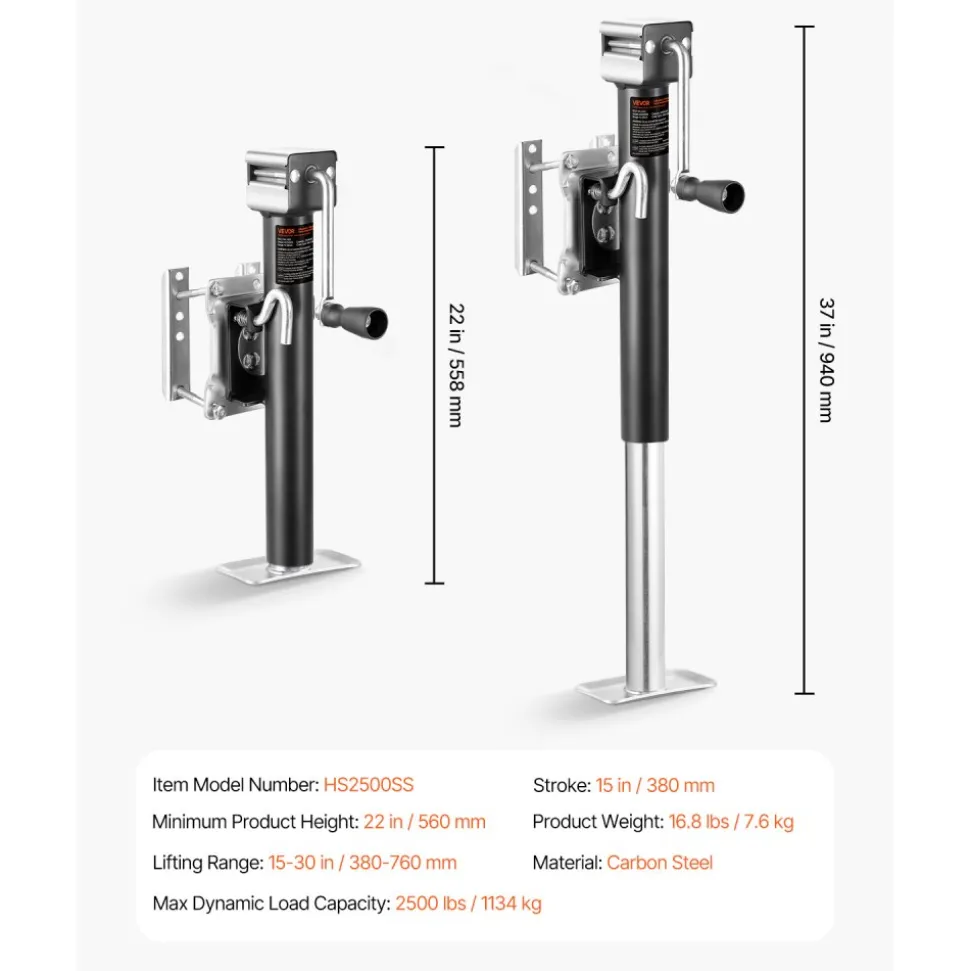 VEVOR Trailer Jack, 2500 lbs Dynamic Load Capacity, Heavy Duty Swivel Bolt-on Trailer Jack with Ergonomic Handle, 15-inch Vertical Travel, Suitable for RV, Horse, Utility, Camping and Yacht Trailers