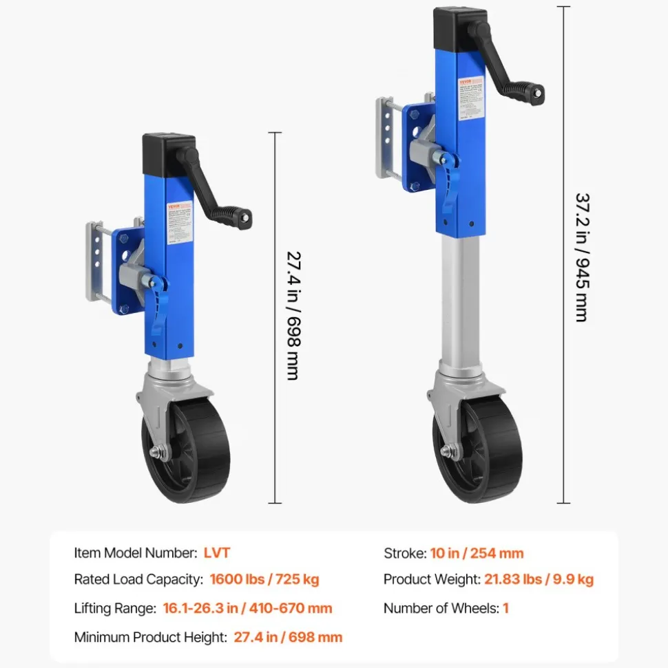 VEVOR Trailer Jack with Wheel, 1600 lbs Heavy Duty Swivel Boat Trailer Jack PP Single Wheel, 10" Lift, Bolt-on Trailer Tongue Jack with Ergonomic Handle for RV, Boat, Horse Trailer, Utility Trailer