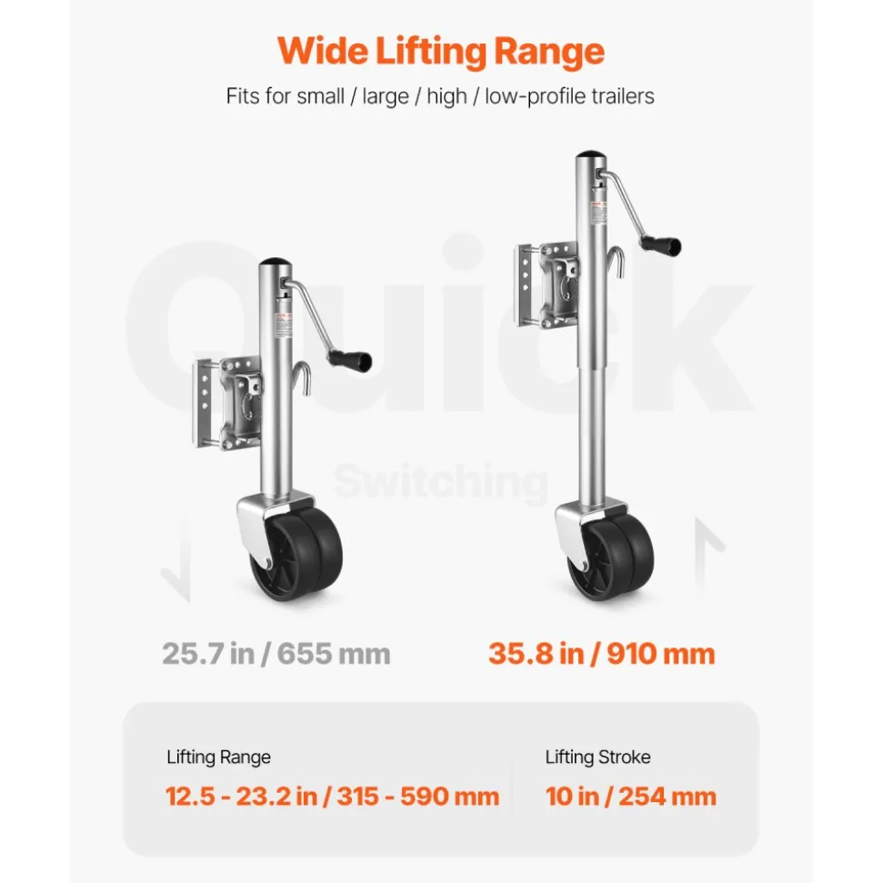 VEVOR Trailer Jack with Wheel, 1500 lbs Load Capacity, Heavy Duty Swivel Boat Trailer Jack with PP Single Wheel & Ergonomic Handle, 12-inch Lift, Fit for RVs, Boats, Horse Trailers, Utility Trailers