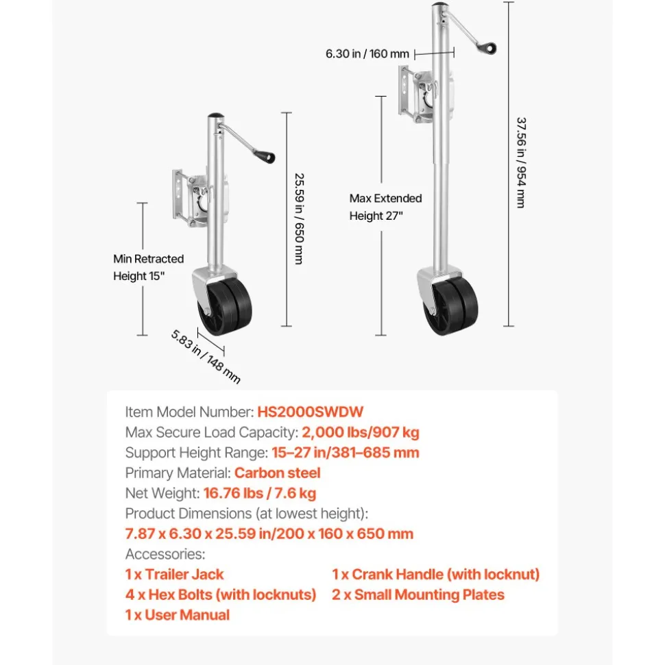 VEVOR Trailer Jack with Wheel, 2000 lbs Load Capacity, Heavy Duty Swivel Boat Trailer Jack with PP Dual Wheel & Ergonomic Handle, 15-27 Inch Lift Range, Fit for RVs, Boats and Utility Trailers