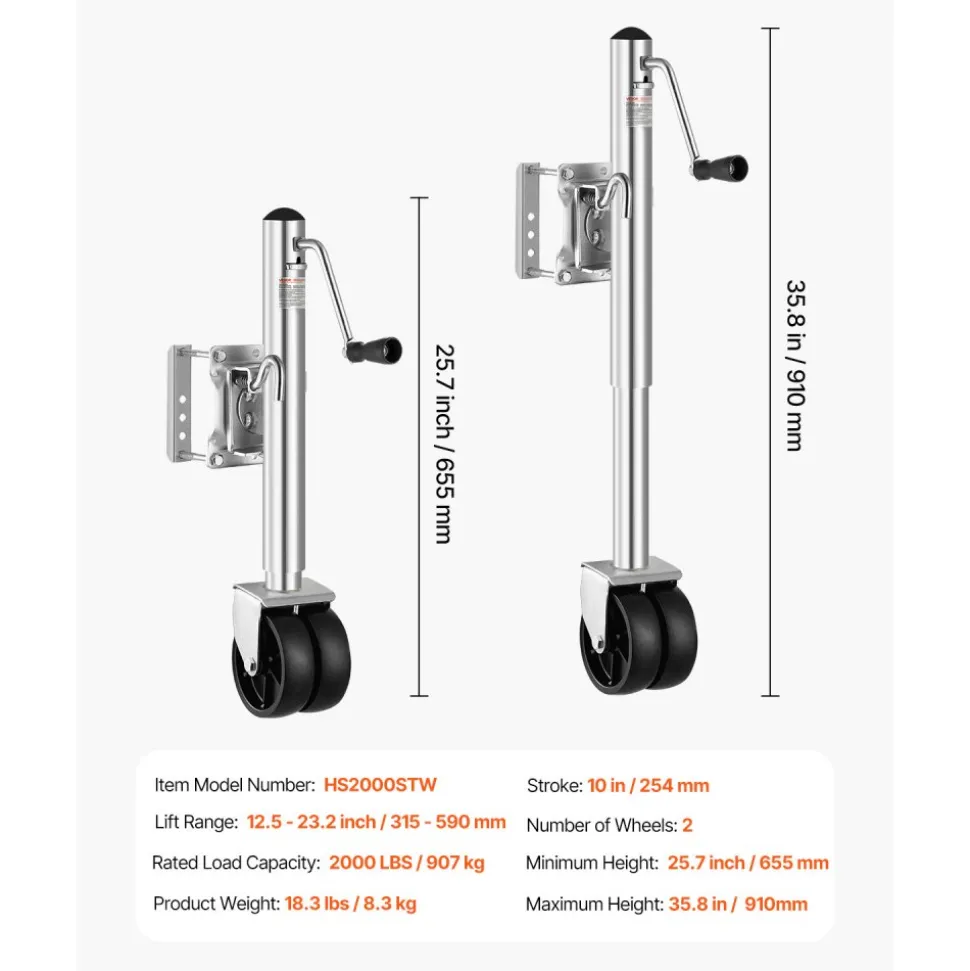 VEVOR Trailer Jack with Wheel, 2000 lbs Load Capacity, Heavy Duty Swivel Boat Trailer Jack with PP Single Wheel & Ergonomic Handle, 12-inch Lift, Fit for RVs, Boats, Horse Trailers, Utility Trailers
