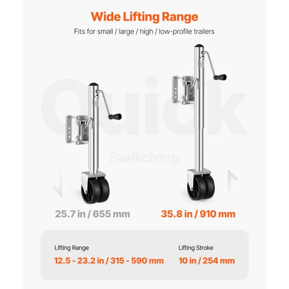 VEVOR Trailer Jack with Wheel, 2000 lbs Load Capacity, Heavy Duty Swivel Boat Trailer Jack with PP Single Wheel & Ergonomic Handle, 12-inch Lift, Fit for RVs, Boats, Horse Trailers, Utility Trailers