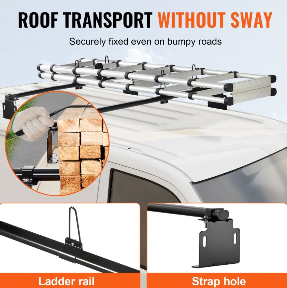 VEVOR Trailer Ladder Rack, 60" 2 Crossbars Ladder Roof Rack, Heavy-duty Steel Van Roof Ladder Rack, 500 lbs Capacity Van Ladder Rack, Fit for Universal Truck Roofs
