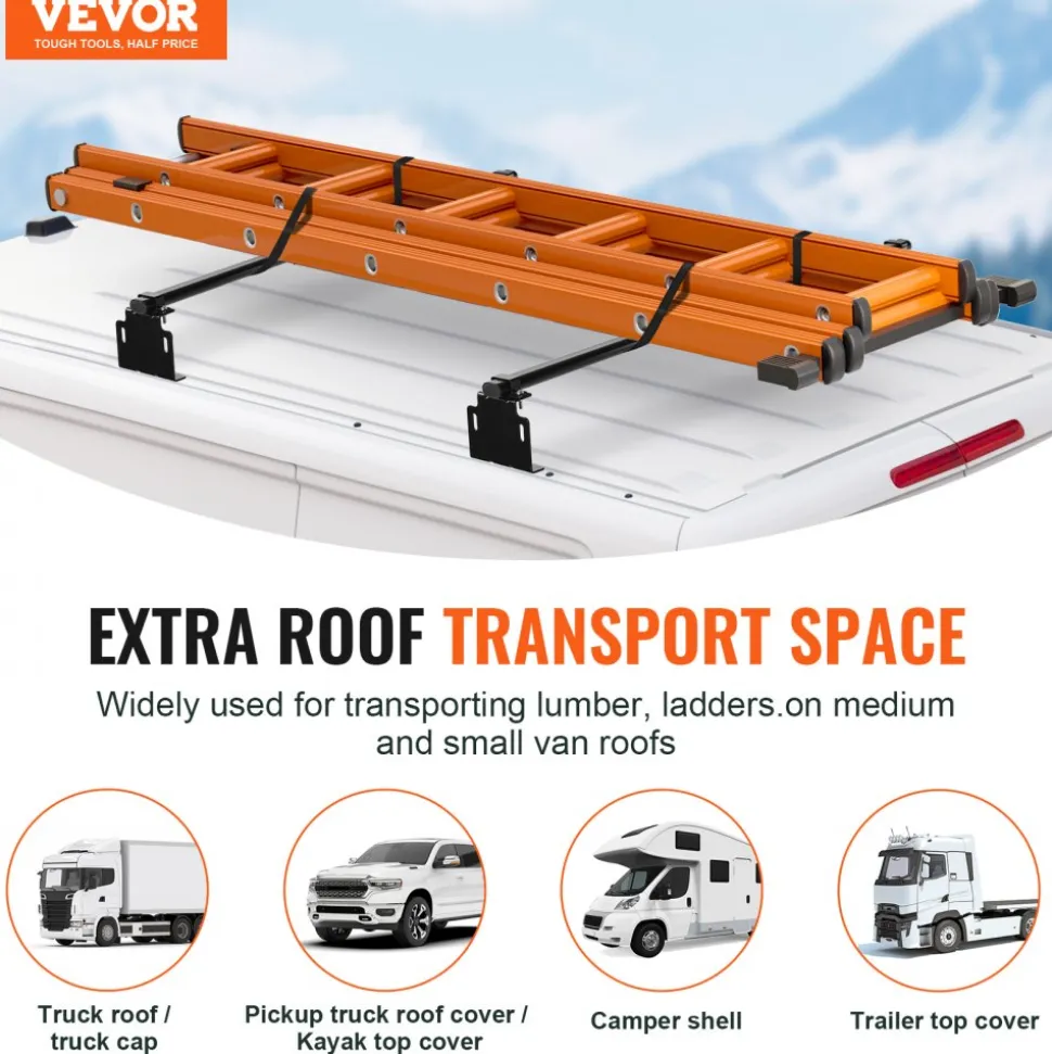 VEVOR Trailer Ladder Rack, 60" 2 Crossbars Ladder Roof Rack, Heavy-duty Steel Van Roof Ladder Rack, 500 lbs Capacity Van Ladder Rack, Fit for Universal Truck Roofs
