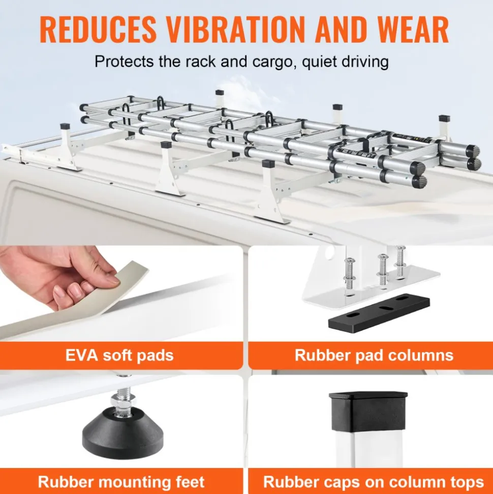 VEVOR Trailer Ladder Rack, 54" 3 Crossbars Ladder Roof Rack, Heavy-duty Steel Van Roof Rack, 800 lbs Capacity Van Ladder Rack with Cargo Roller and Straps, Fit for Ford Transit 150 250 350, 2015-2022