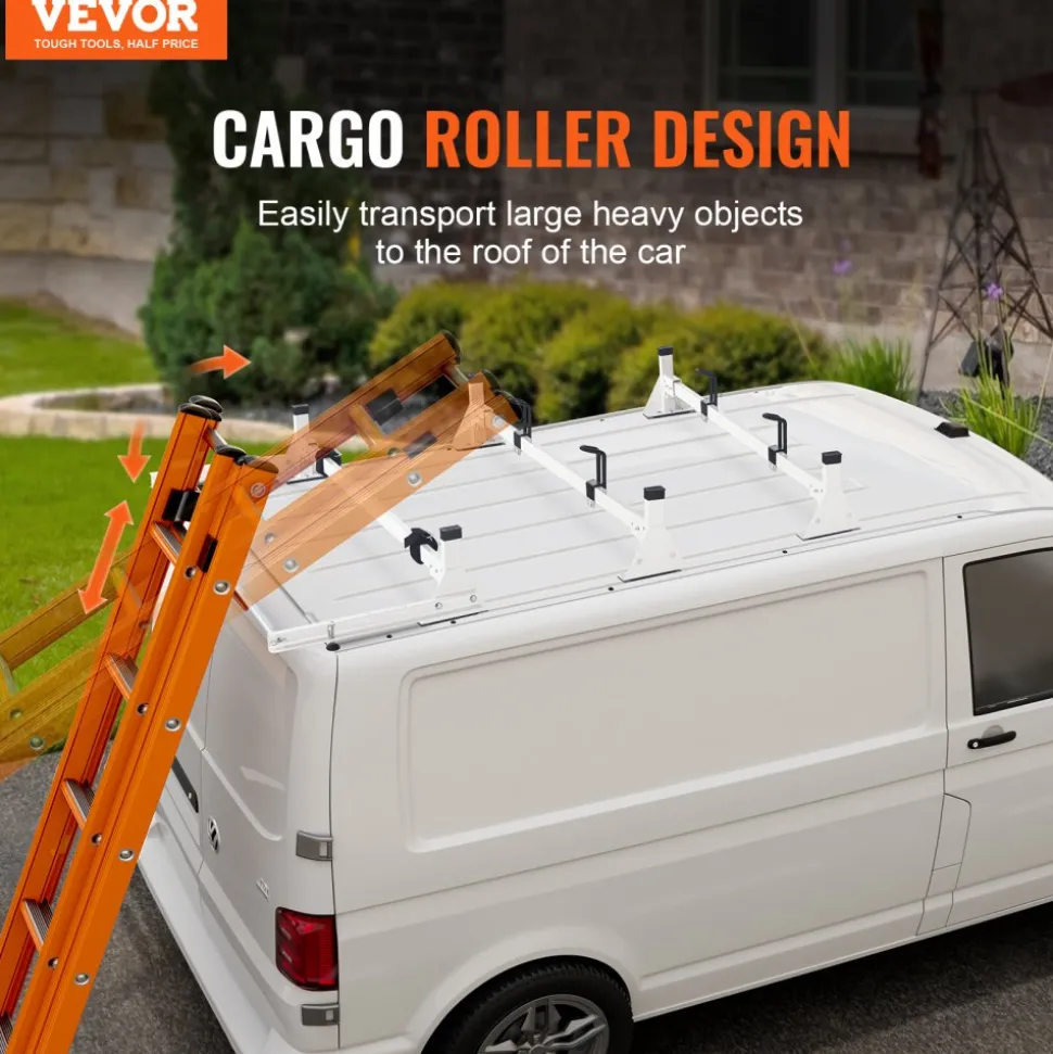 VEVOR Trailer Ladder Rack, 54" 3 Crossbars Ladder Roof Rack, Heavy-duty Steel Van Roof Rack, 800 lbs Capacity Van Ladder Rack with Cargo Roller and Straps, Fit for Ford Transit 150 250 350, 2015-2022
