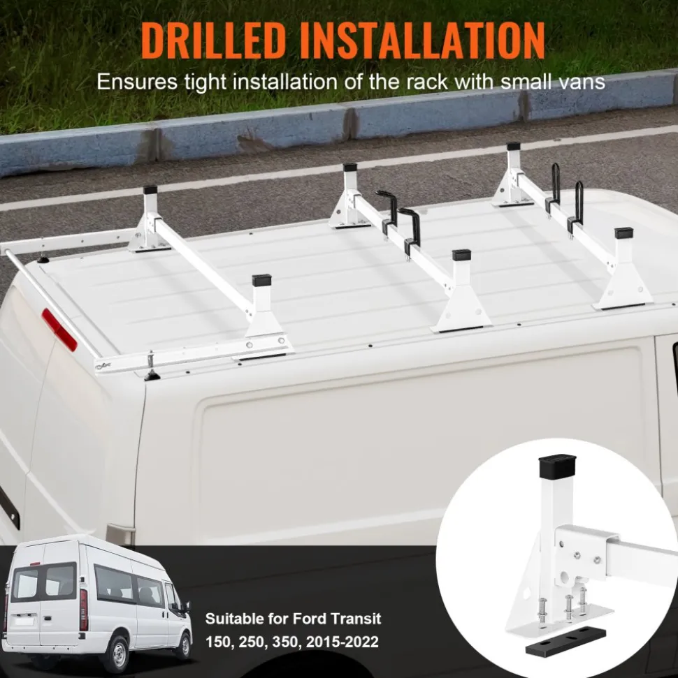 VEVOR Trailer Ladder Rack, 54" 3 Crossbars Ladder Roof Rack, Heavy-duty Steel Van Roof Rack, 800 lbs Capacity Van Ladder Rack with Cargo Roller and Straps, Fit for Ford Transit 150 250 350, 2015-2022