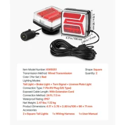 VEVOR Trailer Lights, 2PCS 12V Square Magnetic LED Trailer Tail Lights Kit with Stop Brake Turn Tail License Lamp, Waterproof Tow Lighting Kit with Wiring Harness for Boat Truck Camper RV Snowmobile