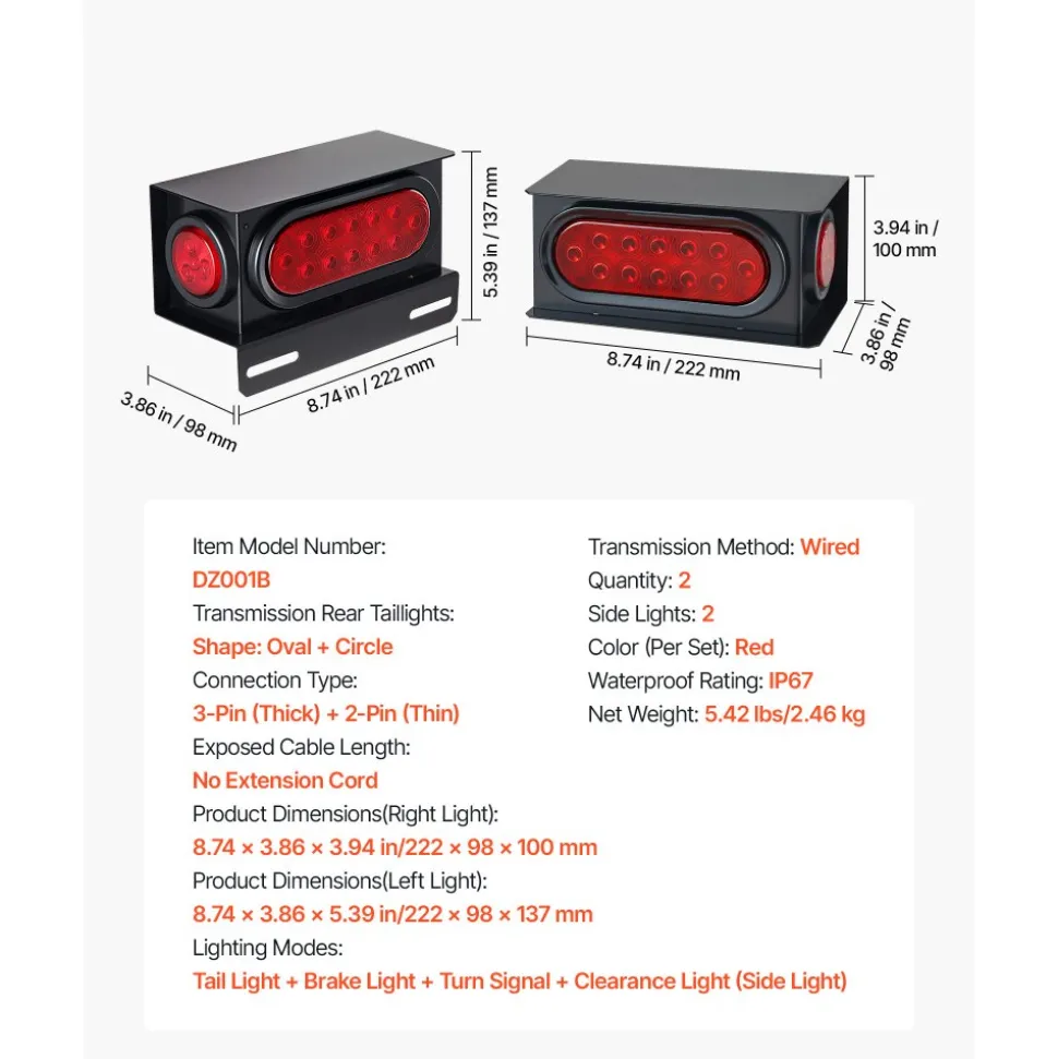 VEVOR Trailer Lights, 10-30V LED Trailer Tail Lights Kit with Stop Brake Turn Tail Clearance (Side) Lamp, Left and Right Waterproof Tow Lighting Kit for Boat Truck Camper RV Snowmobile Bus Caravan