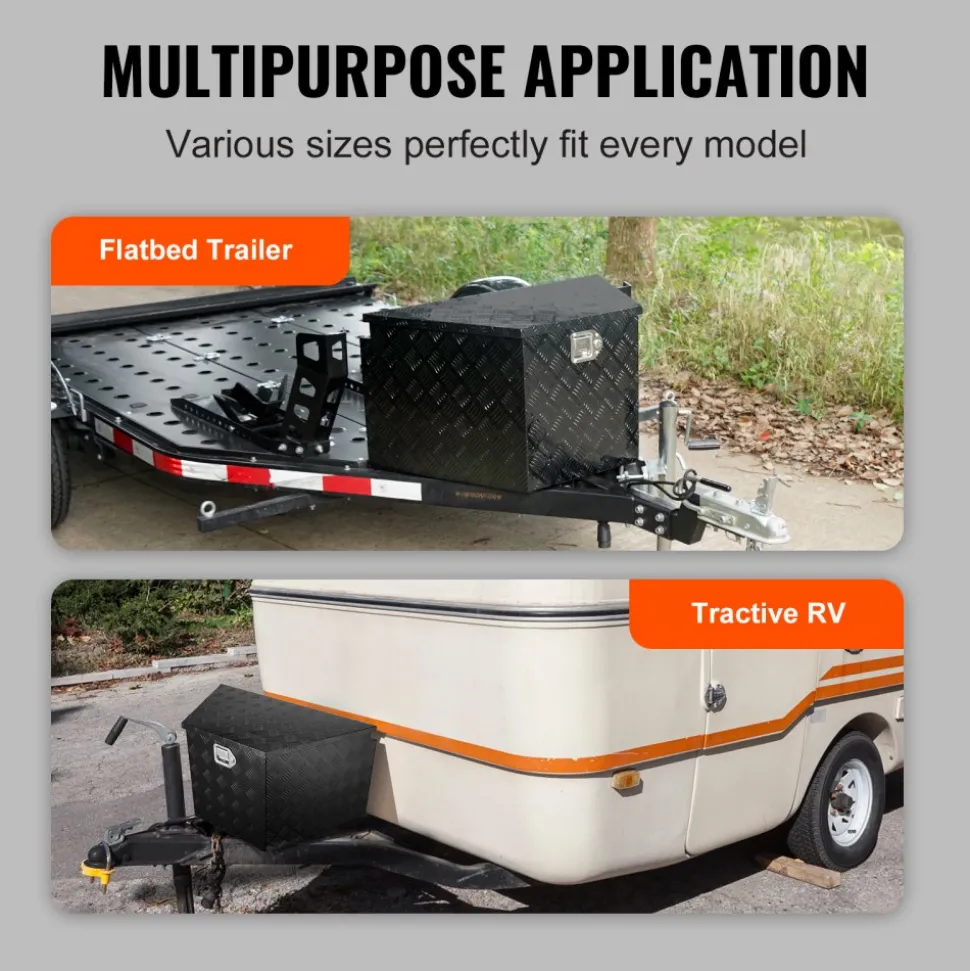 VEVOR Trailer Tongue Box, Aluminum Alloy Diamond Plate Tongue Box Tool Chest, Heavy Duty Trailer Box Storage with Lock and Keys, Utility Trailer Tongue Box for Pickup Truck, RV, Trailer, 33"x19"x18"