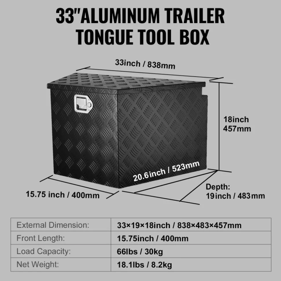 VEVOR Trailer Tongue Box, Aluminum Alloy Diamond Plate Tongue Box Tool Chest, Heavy Duty Trailer Box Storage with Lock and Keys, Utility Trailer Tongue Box for Pickup Truck, RV, Trailer, 33"x19"x18"