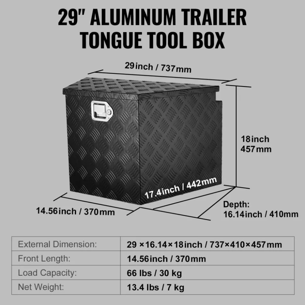 VEVOR Trailer Tongue Box, Aluminum Alloy Diamond Plate Tongue Box Tool Chest, Heavy Duty Trailer Box Storage with Lock and Keys, Utility Trailer Tongue Box for Pickup Truck, RV, Trailer, 29"x16.2"x18"