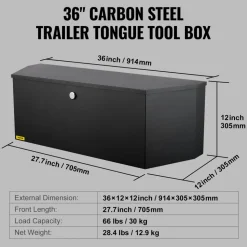 VEVOR Trailer Tongue Box, Carbon Steel Tongue Box Tool Chest, Heavy Duty Trailer Box Storage with Lock and Keys, Utility Trailer Tongue Tool Box for Pickup Truck Bed, RV Trailer, 36"x12"x12"