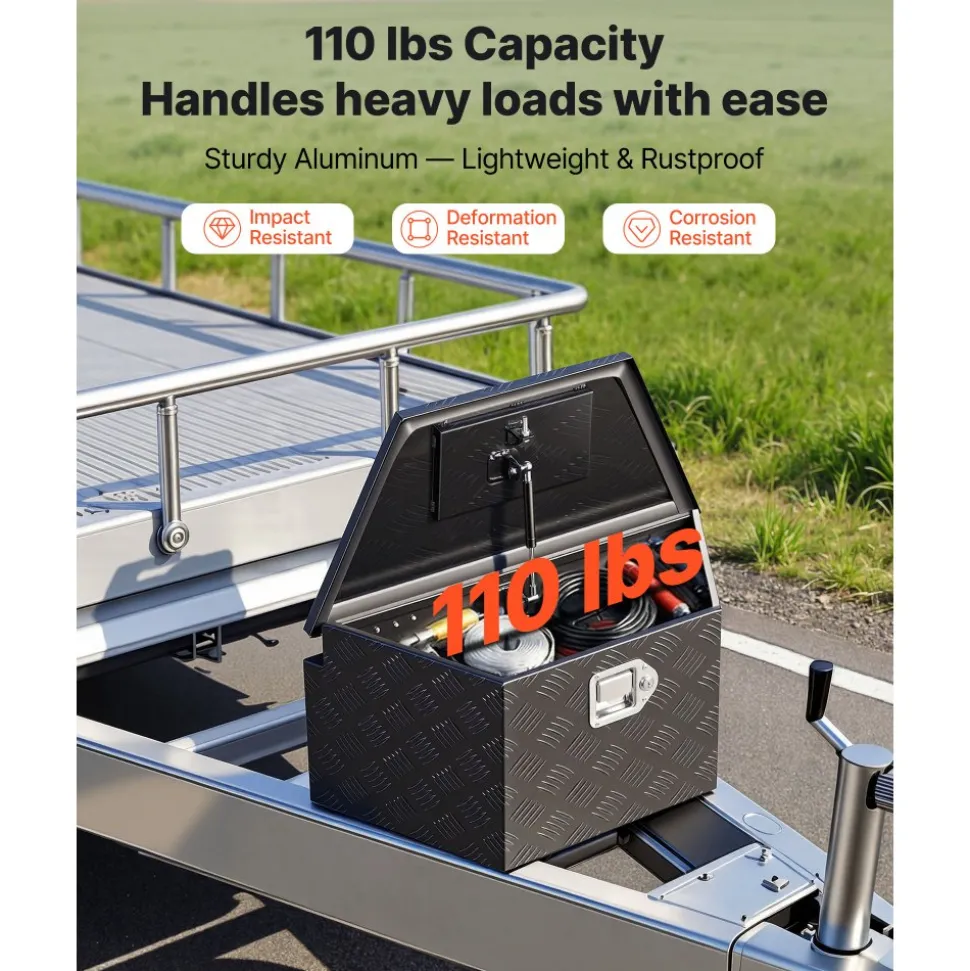 VEVOR Trailer Tongue Box, 26" x 13" x 12" Aluminum Trailer Tongue Tool Box, Heavy Duty Storage Organizer with Lock and Keys, Utility Tool Chest for Pickup Truck Bed, RV, SUV, Off-Road Vehicle, Black