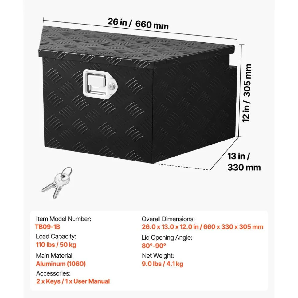 VEVOR Trailer Tongue Box, 26" x 13" x 12" Aluminum Trailer Tongue Tool Box, Heavy Duty Storage Organizer with Lock and Keys, Utility Tool Chest for Pickup Truck Bed, RV, SUV, Off-Road Vehicle, Black