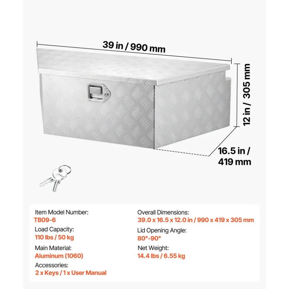 VEVOR Trailer Tongue Box, 39" x 16.5" x 12" Aluminum Trailer Tongue Tool Box, Heavy Duty Storage Organizer with Lock & Keys, Utility Tool Chest for Pickup Truck Bed, RV, SUV, Off-Road Vehicle, Silver