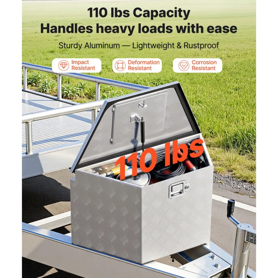 VEVOR Trailer Tongue Box, 33" x 19" x 18" Aluminum Trailer Tongue Tool Box, Heavy Duty Storage Organizer with Lock and Keys, Utility Tool Chest for Pickup Truck Bed, RV, SUV, Off-Road Vehicle, Silver