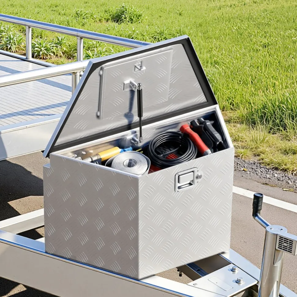 VEVOR Trailer Tongue Box, 33" x 19" x 18" Aluminum Trailer Tongue Tool Box, Heavy Duty Storage Organizer with Lock and Keys, Utility Tool Chest for Pickup Truck Bed, RV, SUV, Off-Road Vehicle, Silver