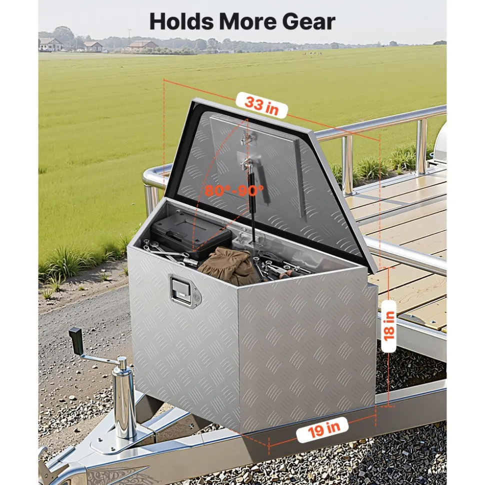 VEVOR Trailer Tongue Box, 33" x 19" x 18" Aluminum Trailer Tongue Tool Box, Heavy Duty Storage Organizer with Lock and Keys, Utility Tool Chest for Pickup Truck Bed, RV, SUV, Off-Road Vehicle, Silver