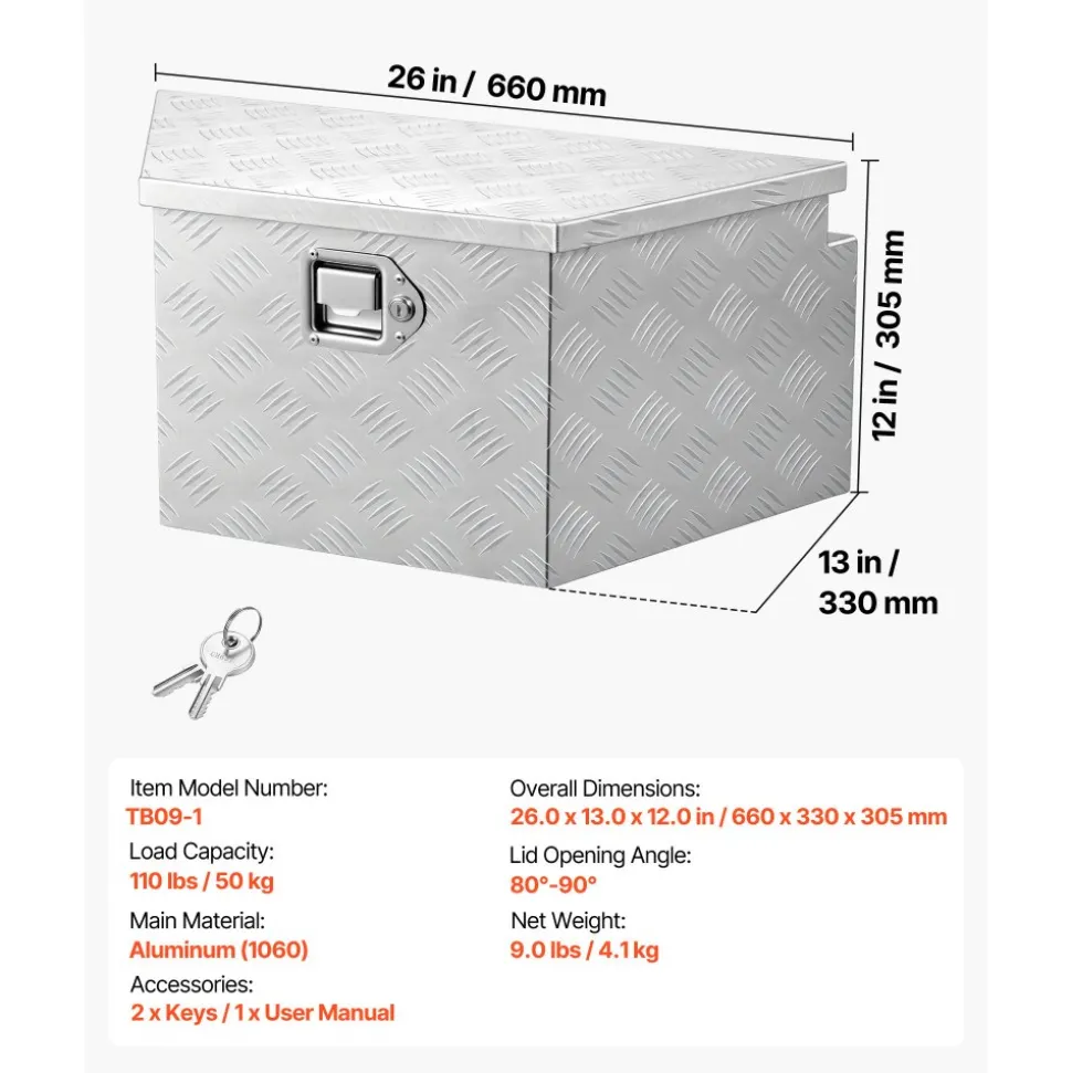 VEVOR Trailer Tongue Box, 26" x 13" x 12" Aluminum Trailer Tongue Tool Box, Heavy Duty Storage Organizer with Lock and Keys, Utility Tool Chest for Pickup Truck Bed, RV, SUV, Off-Road Vehicle, Silver